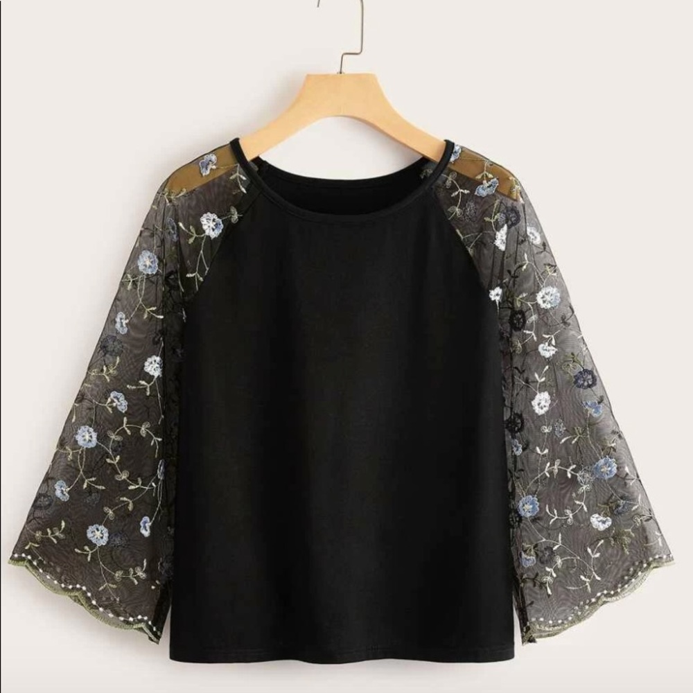 Scallop Trim Embroidered Mesh Sleeve Top